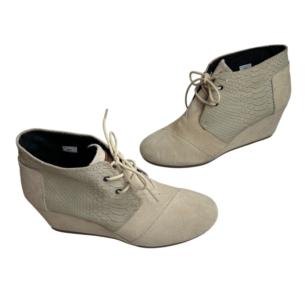 TOMS Desert Wedge‎ Suede Snakeskin Lace Up Ankle Boots Sand Beige Size 10